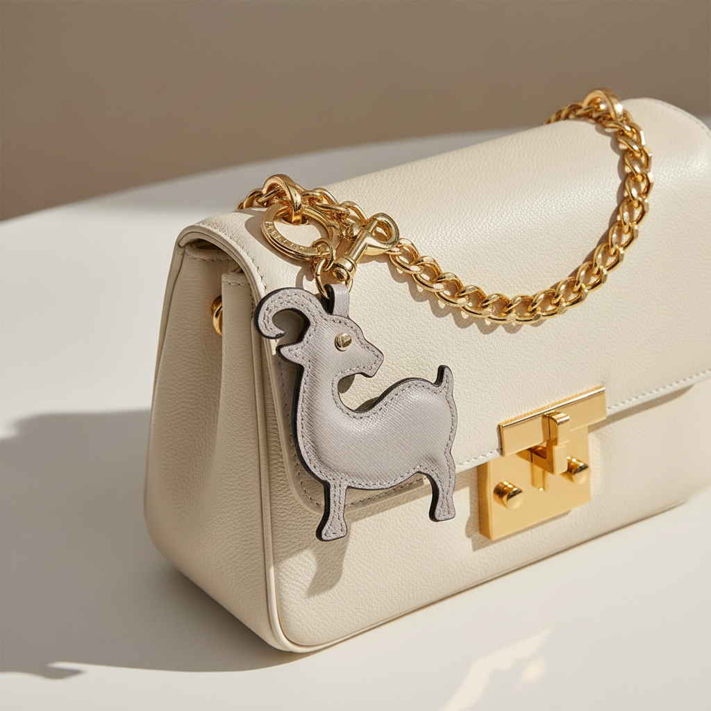 Lauren Hand Bag Inc Zodiac Charm - Saffiano Leather Light Grey Keychain - Year of the Goat