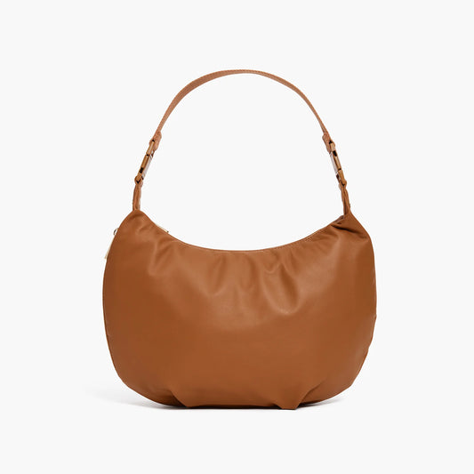 Lauren Hand Bag Inc vegan leather crossbody bag cognac gold camel front view