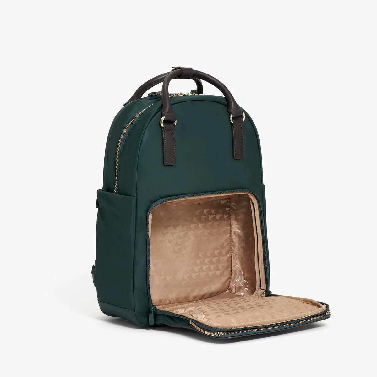Lauren Hand Bag Inc nylon backpack tote dark green gold camel front view