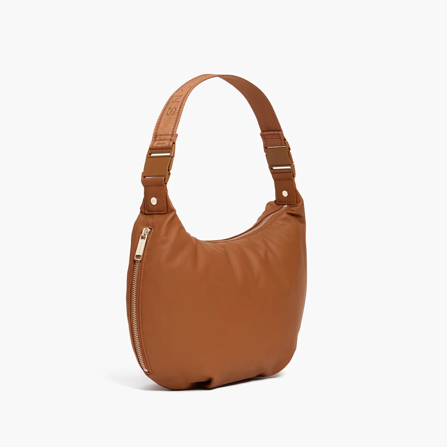 Lauren Hand Bag Inc vegan leather crossbody bag cognac gold camel side view