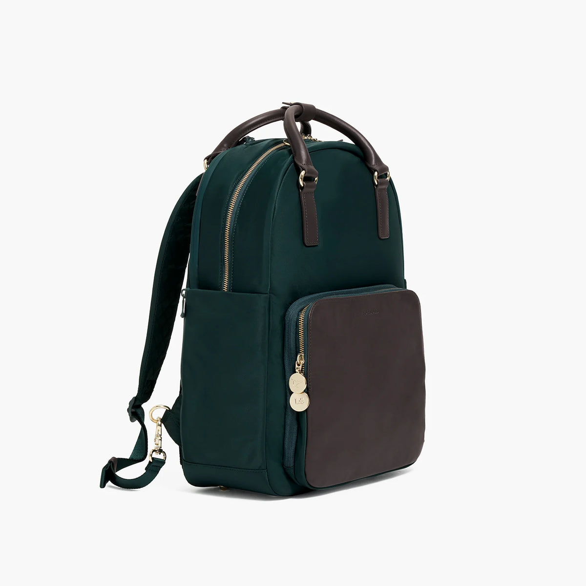 Lauren Hand Bag Inc nylon backpack tote dark green gold camel side view