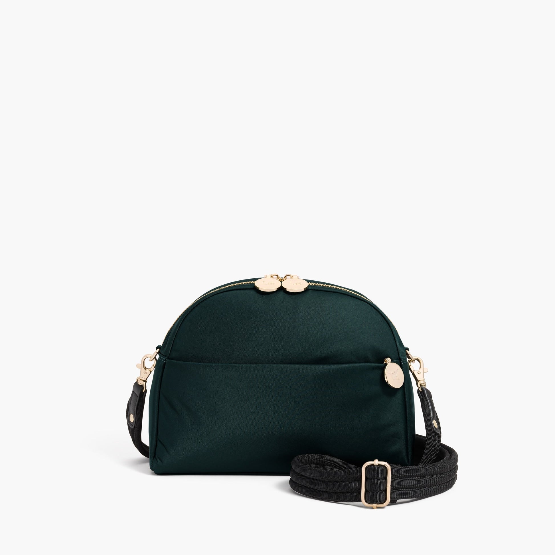 Lauren Hand Bag Inc Nouvelle Recycled Nylon Crossbody Bag in Dark Green with Gold and Camel Details