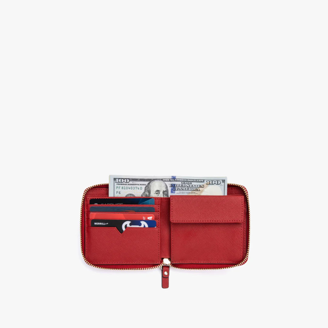 Lauren Hand Bag Inc Small Wallet in Red Saffiano Leather with Gold and Camel Trim