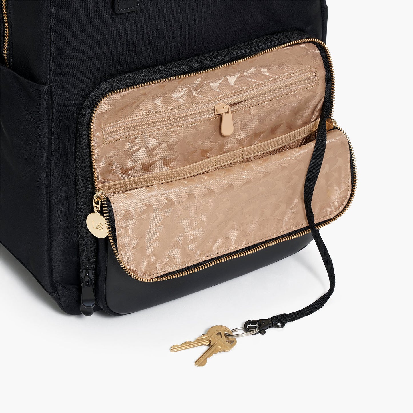 Lauren Hand Bag Inc Rowledge 2 Nylon Convertible Backpack-Tote - Black/Gold/Camel