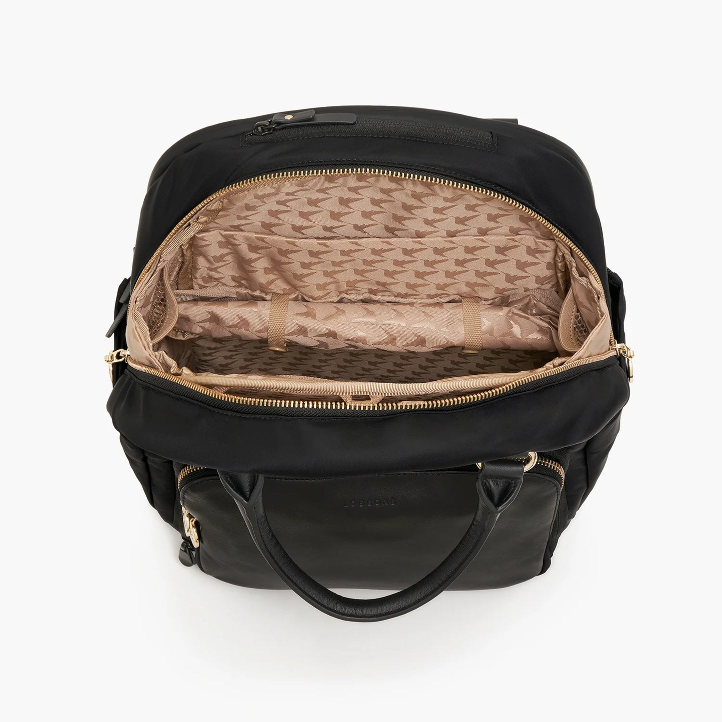 Lauren Hand Bag Inc Rowledge 2 Nylon Convertible Backpack-Tote - Black/Gold/Camel