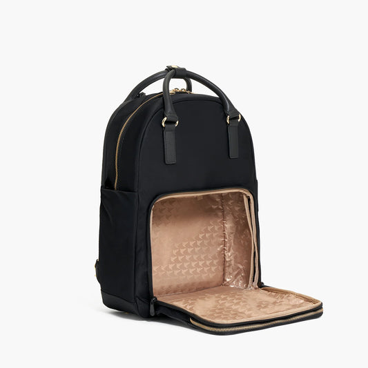Lauren Hand Bag Inc Rowledge 2 nylon backpack tote in black, gold, and camel with nappa leather handles