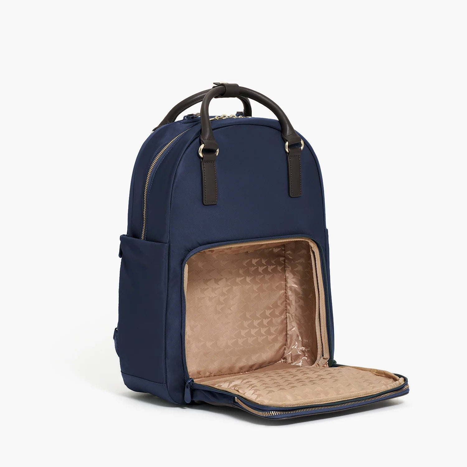 Lauren Hand Bag Inc Rowledge 2 nylon backpack tote in deep navy with gold and camel accents