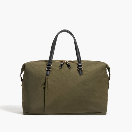 Lauren Hand Bag Inc Sherborn recycled nylon weekender bag in green with gold and camel trim